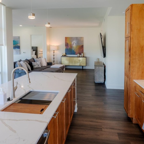 a kitchen with a large island